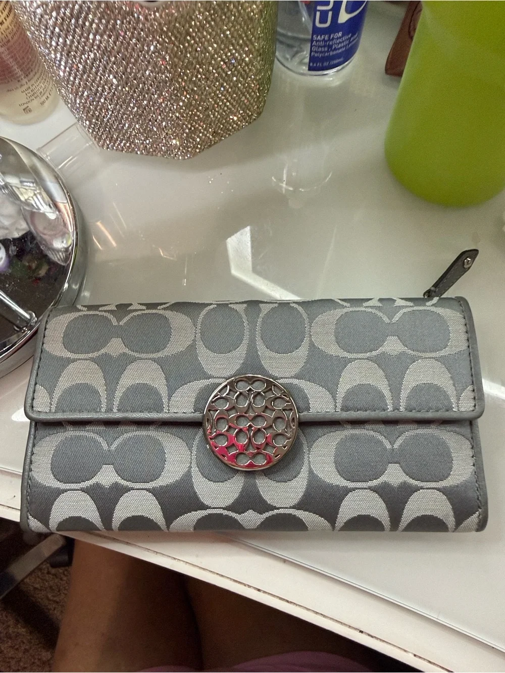 Coach Gray Signature Jacquard Wallet with Decorative Silver Medallion